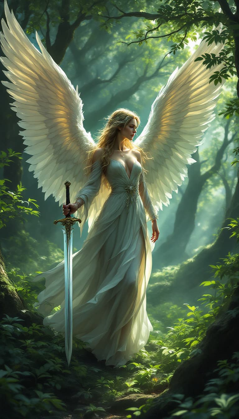 AI generated: woman with wings and a sword standing in the lush woods, wings majestically spread, gripping her swo...