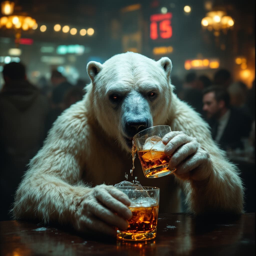 AI generated: full body shot of a drunk and very skinny polar bear drinking a scotch witha cube of melting ice
 in...