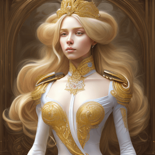 AI generated: portrait of a humanoid princess with long blonde hair, standing next to a beautiful view, ornate whi...