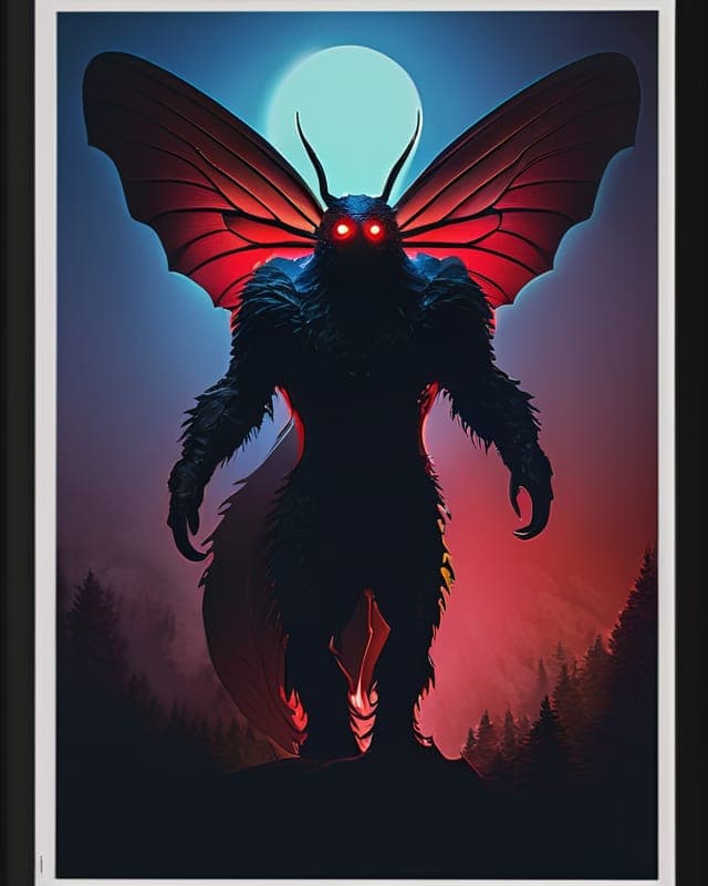 AI generated: full body shot, (Mothman:1. 1), moth wings, glowing red eyes, back lit, foggy, moon light , horror, ...