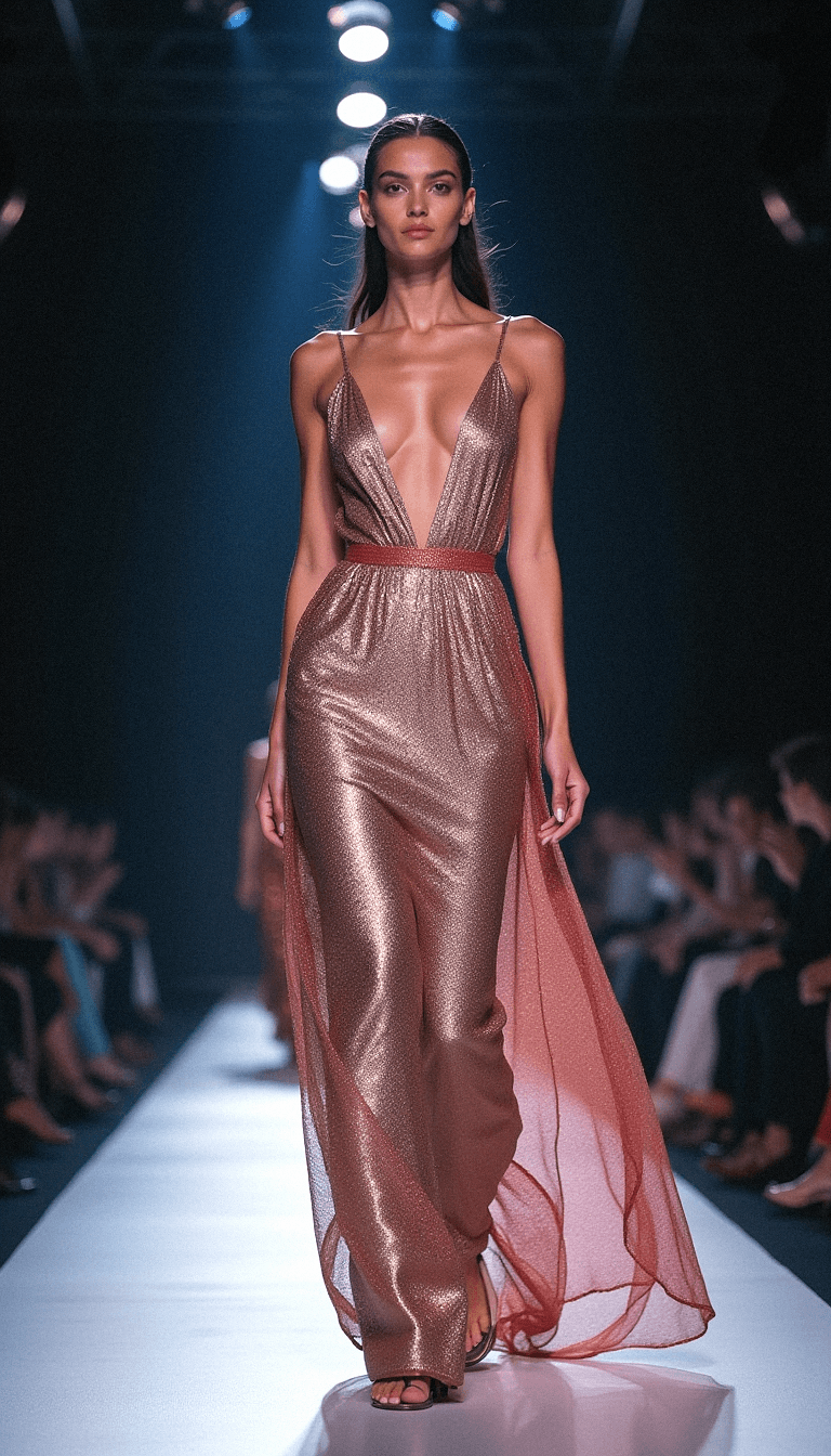 AI generated: A dynamic runway shot of a 21-year-old supermodel strutting down the catwalk, bold lights reflecting...