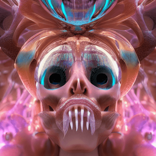 AI generated: Goddess close-up portrait ribcagel. jellyfish phoenix head, nautilus, orchid, skull, betta fish, bio...