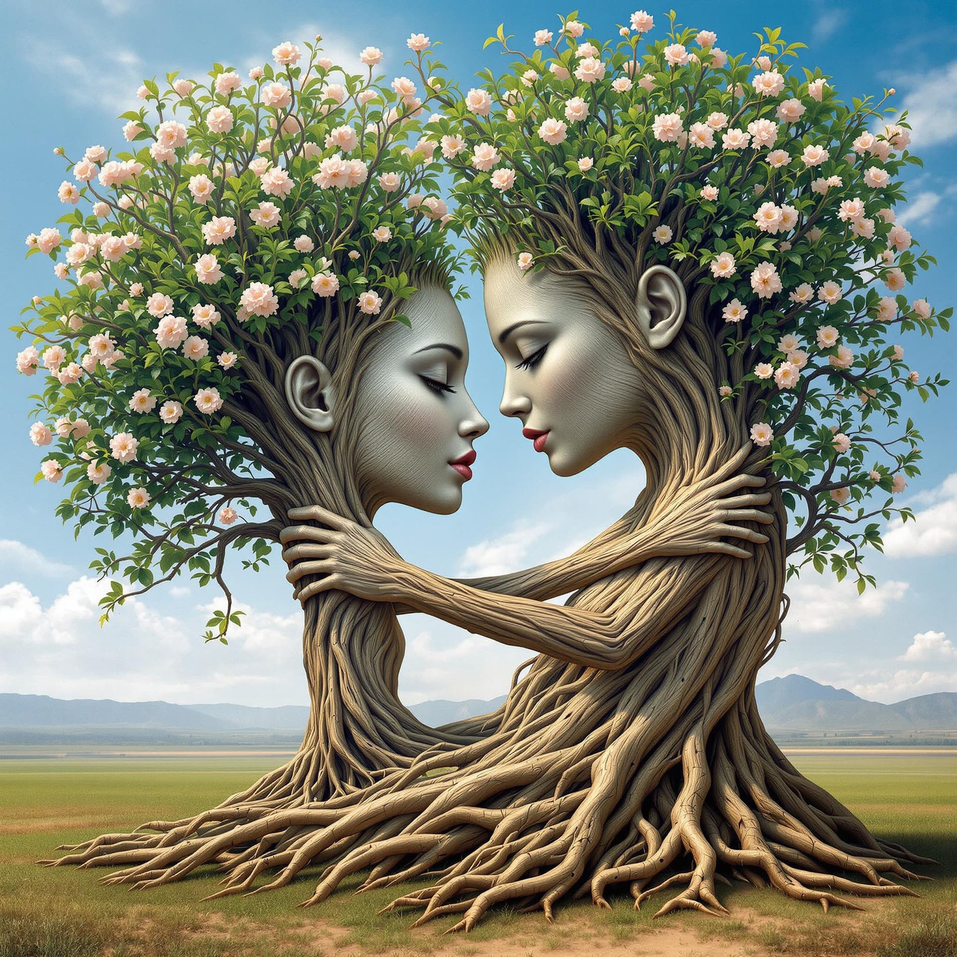 AI generated: A captivating surreal artwork featuring a mesmerizing fusion of human and nature. A male and female ...