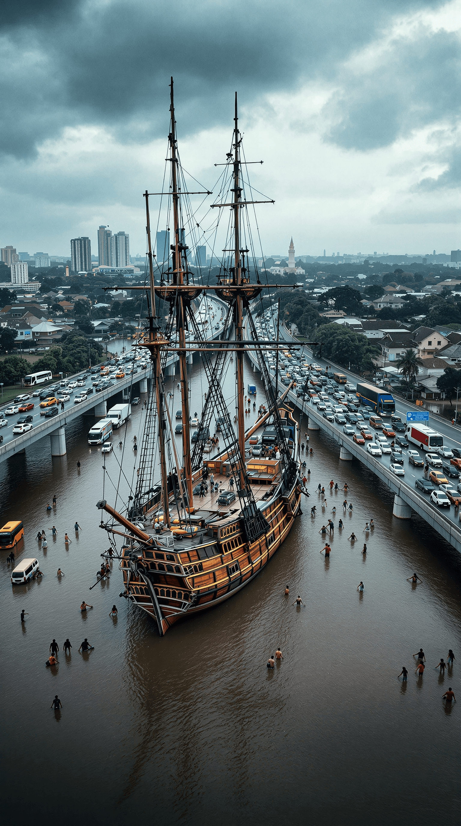 AI generated: create a very realistic medium shot of a major flood that occurred on a highway in Makassar, Indones...