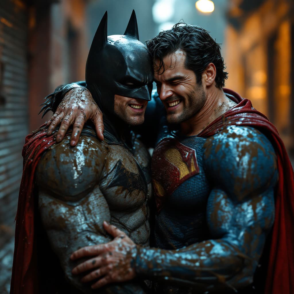 AI generated: photography, medium shot of a batman and superman drunk, laughing fat, the suits are muddy, dirty ho...