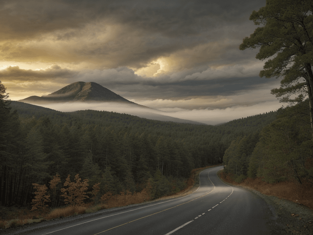 AI generated: a serene and mystical landscape with a road winding through a forest, set against a backdrop of towe...