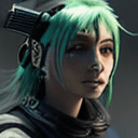 AI generated: imagine niko robin, unmasked, cyberpunk, outdoor, street, green, hyperrealism, photorealistic, 8k, u...