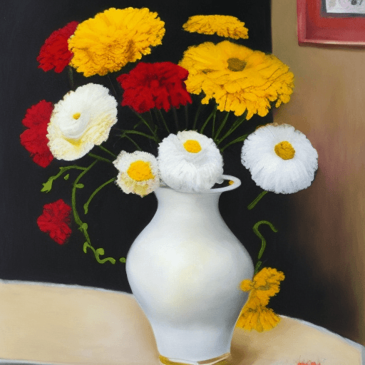 AI generated: white vase, colorful marigolds, black date