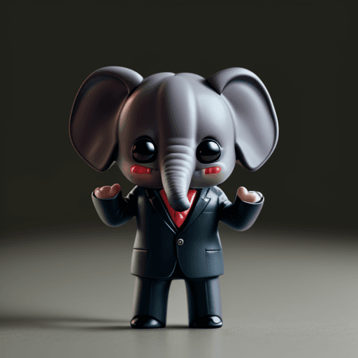 AI generated: litle Elephant wearing business suit, funko pop render, big head, small body, hands down