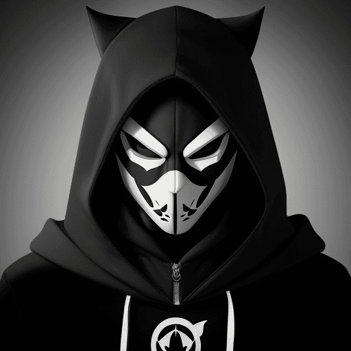 AI generated:  The image features a black and white stylized logo of a masked character. The mask has a hood and i...
