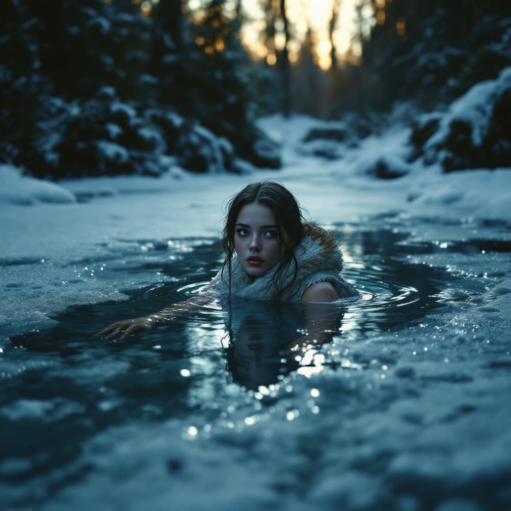 AI generated: Young beautiful lady trapped inside a frozen lake, mystery, dark, surreal, dream, dramatic lighting,...