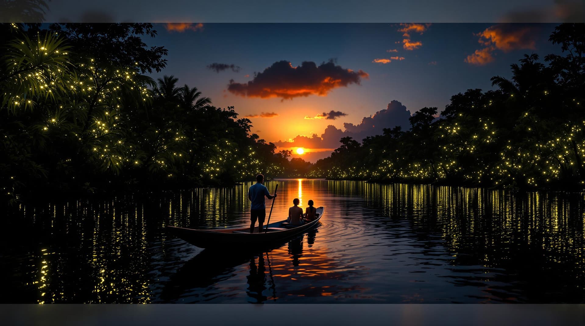 AI generated: A rowing boat by standing boatman with a couple tourist sit infront of the boatman, shot at night ti...