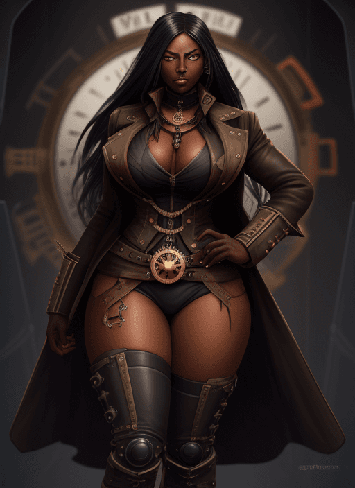 AI generated: evil, dark skin, steampunk, coat, thick thighs, time, goddess, long hair, black, engineer