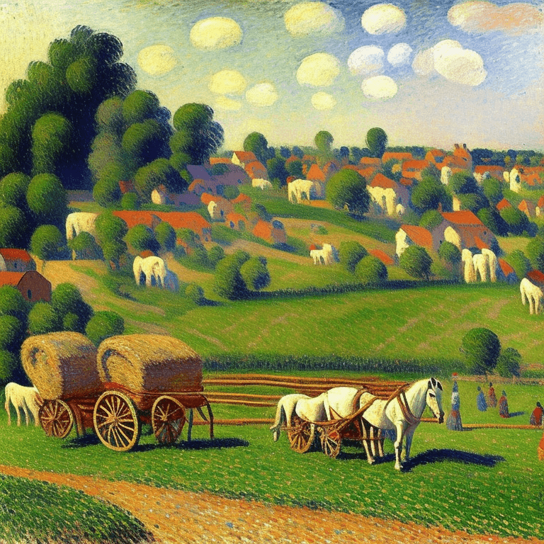 AI generated: A hay cart with one white horse and peasants in Camille Pissarro style. Pissarro brush strokes.