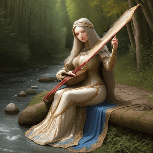 AI generated: a beautiful long hair medieval lady, full body, realistic face highly detailed, playing harp by the ...