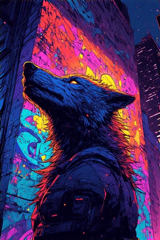 AI generated: A lone cyberpunk wolf stands silhouetted against a towering graffiti-covered wall in a neon-drenched...