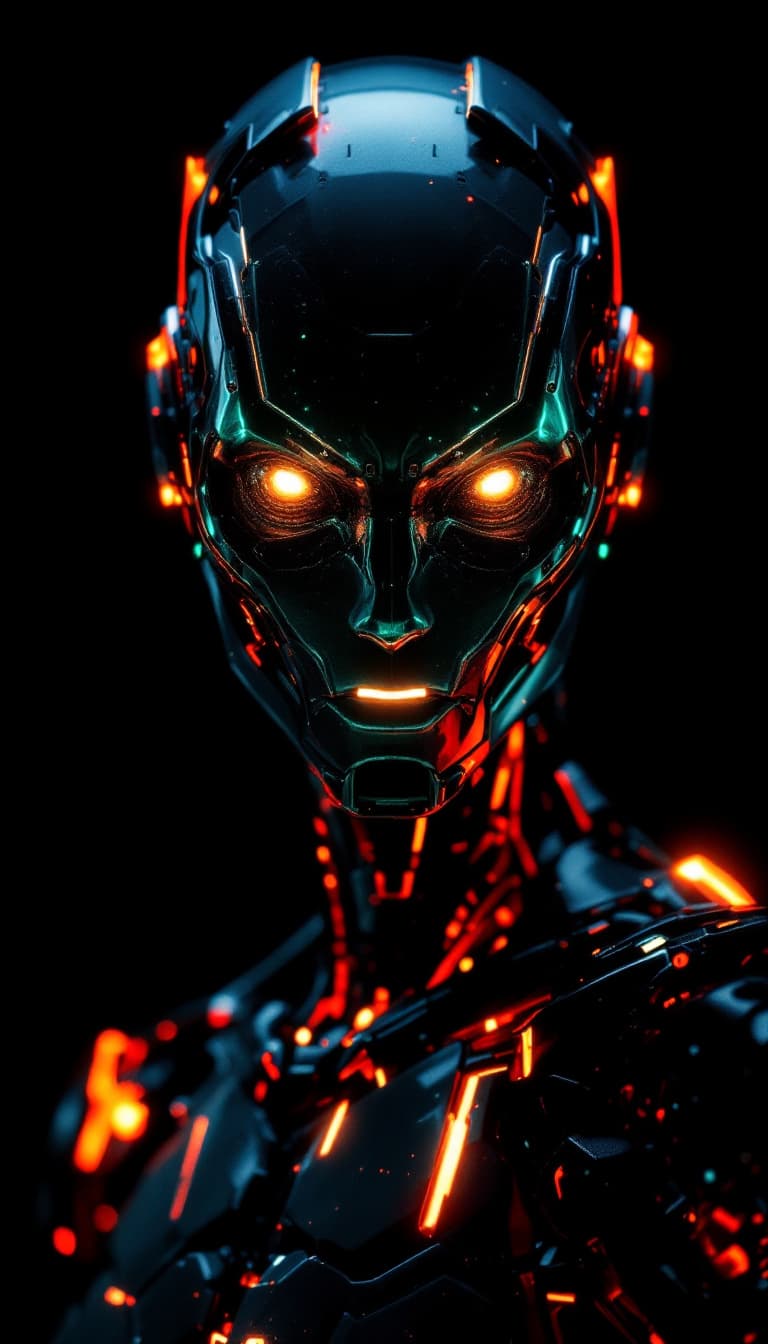 AI generated: 3d rendering, robot, front view, full-body, neon glow with deep orange and green, gaze, glistening e...