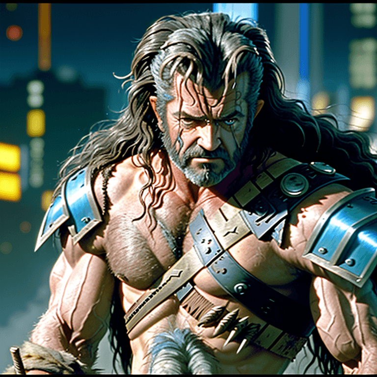 AI generated: mel gibson in braveheart as cyberpunk wolverine, long retro messy hair, luis royo, jim lee, 8k, shar...