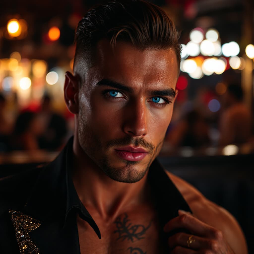 AI generated: Photorealistic image of man with beautiful face, with bright blue eyes and long eyelashes, dressed a...