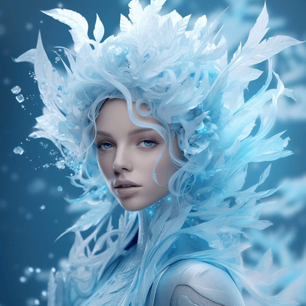 AI generated: Ice women by rhinese, in the style of ethereal foliage, fantasy - based, maranao art, cyan, 8k 3d, r...
