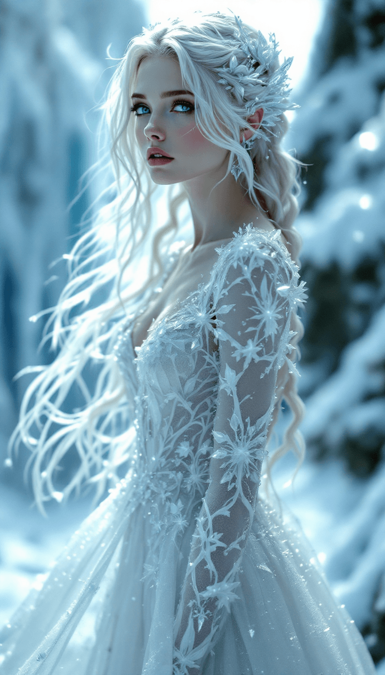 AI generated: A delicate fairy with long, platinum blonde hair, styled with intricate details of ice and frost. He...