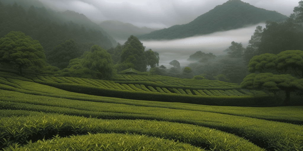 AI generated: Beautiful nature of A tea garden shrouded in mist and clouds, rich details, perfect composition, hig...