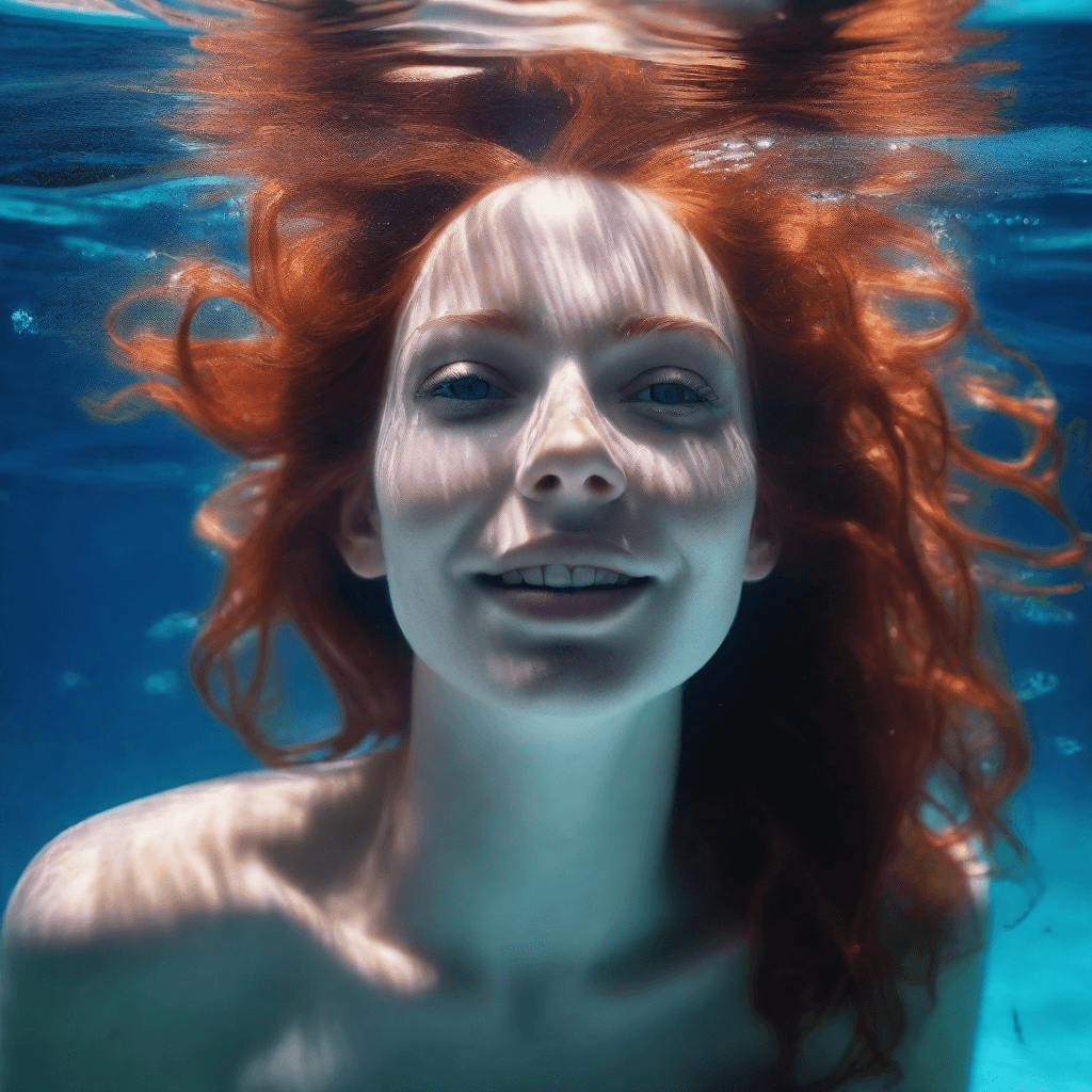 AI generated: photorealistic amazingly beautiful girl underwater looking away from camera, dark, tiny bubbles from...
