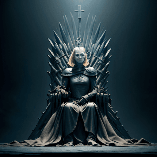 AI generated: Game Of Thrones tv still, hairless sphinx cat as queen cersei wearing a crown and sitting in a thron...