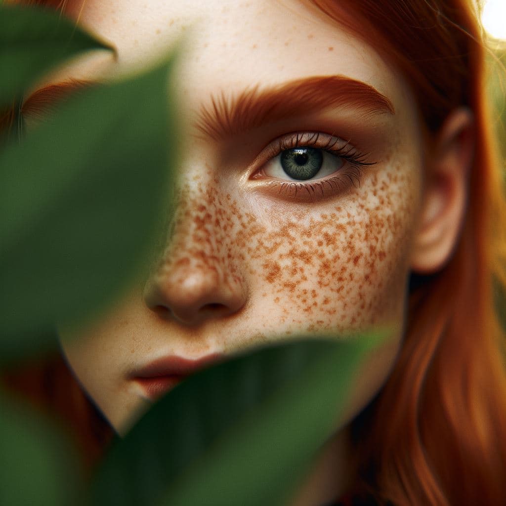 AI generated: A female red head with freckles, close up on eye, seen through leaves