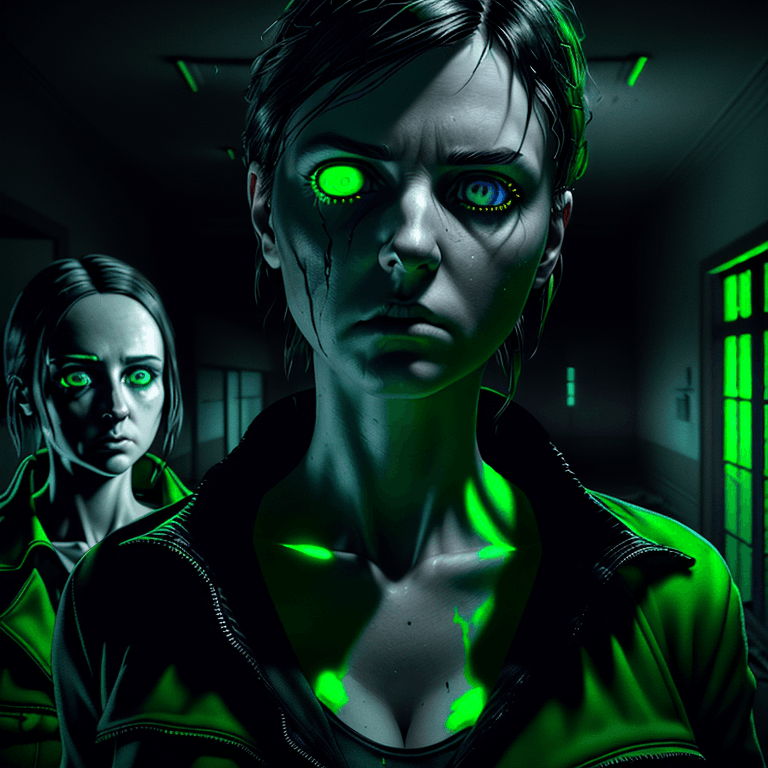 AI generated: an ultra realistic portrait of a ghost hunter, green fluro color eyes, alan wake, investigating an a...