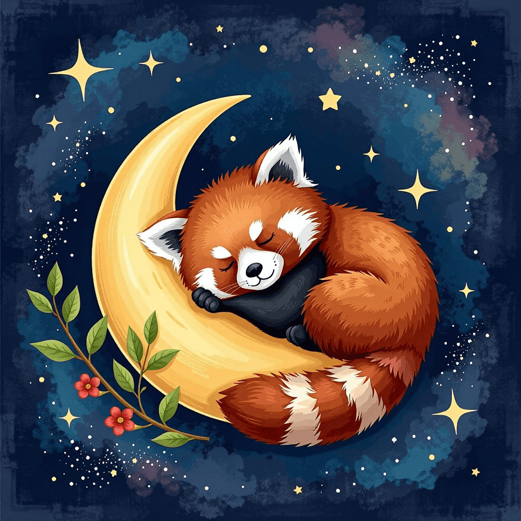 AI generated: Animal: Red Panda, Style: Whimsical Storybook "T-shirt art design: A whimsical red panda curled asle...