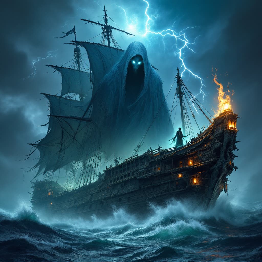 AI generated: A cruel and majestic ghost pirate ship emerging from stormy, azure-blue waters, now appearing even m...