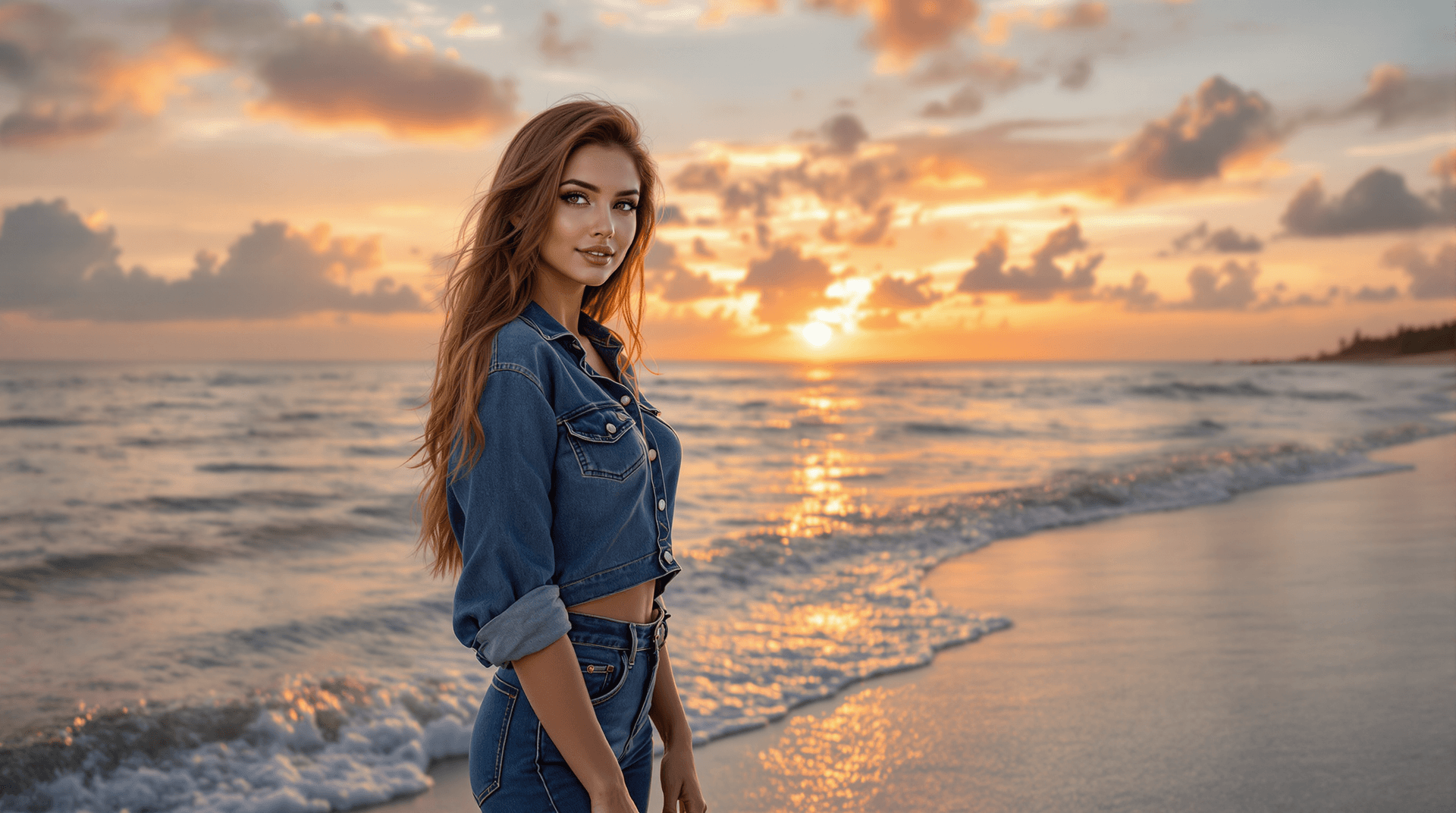 AI generated: A stunning, statuesque Indian woman with alabaster skin and cascading auburn tresses stands graceful...