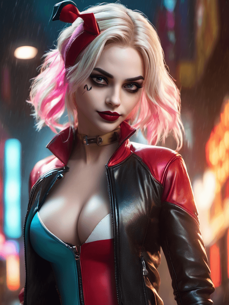 AI generated: full body:1.5, Cyberpunk Harley Quinn, Evil attitude, cold stare, (neon Gotham City):1.5, ((masterpi...
