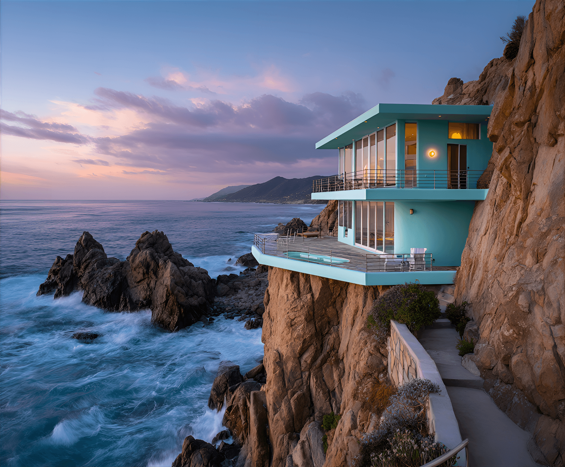 AI generated: picturesque cliffside retreat with a pastel mint exterior, cantilevered balconies, and expansive gla...