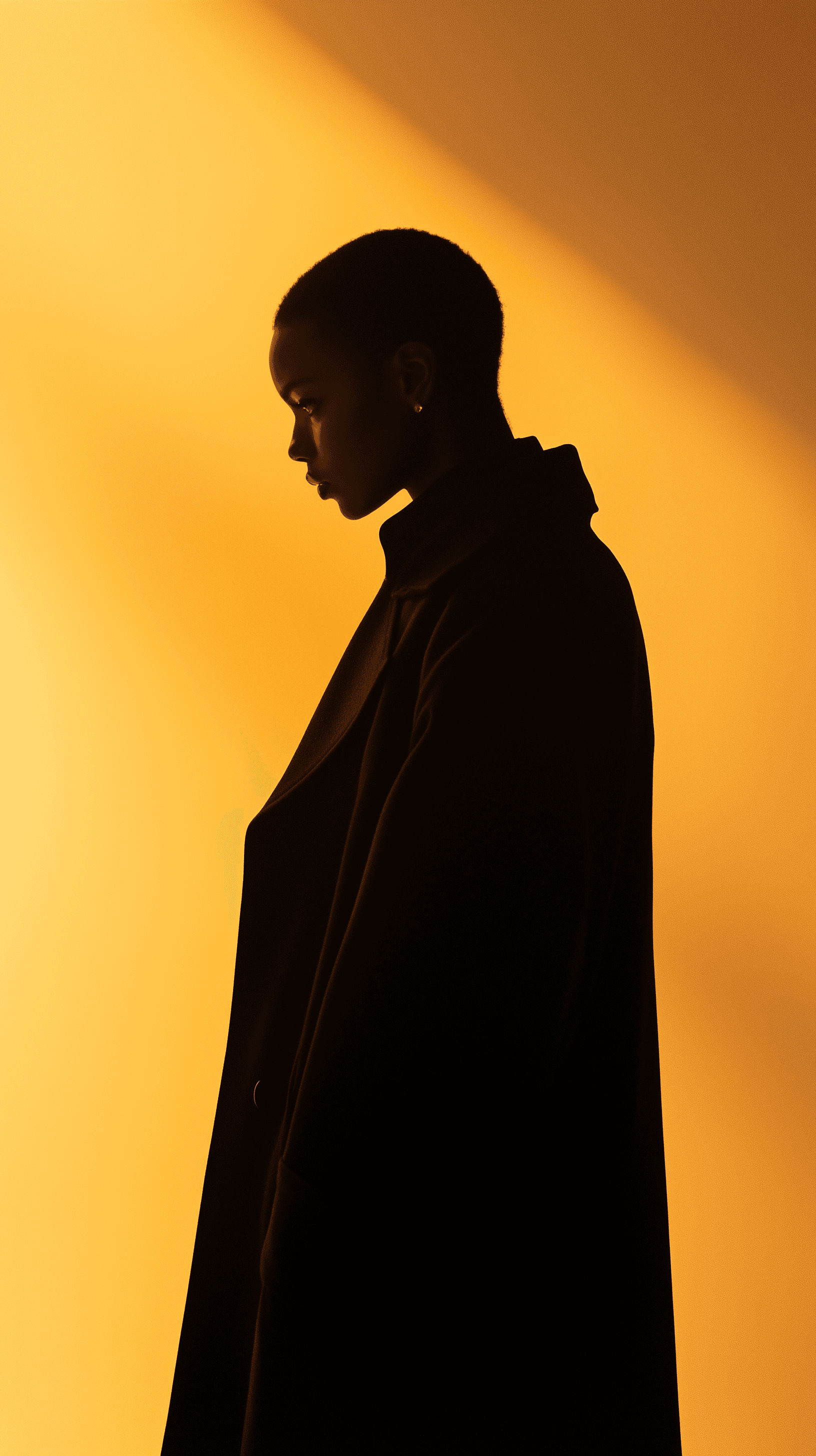 AI generated: elegant figure draped in a dark coat stands against a warm, soft gradient of beige and yellow, casti...