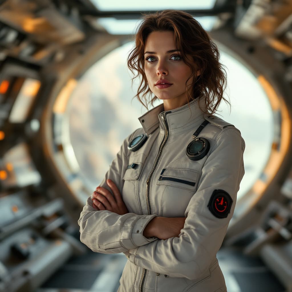 AI generated: Ellen Ripley, standing crossed arms, inside spaceship flight deck, High resolution photography, drea...