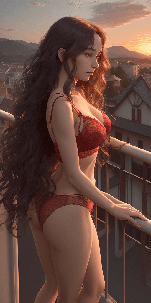 AI generated: A woman with long, wavy hair standing on a balcony at sunset, wearing a red lace-trimmed bra and mat...