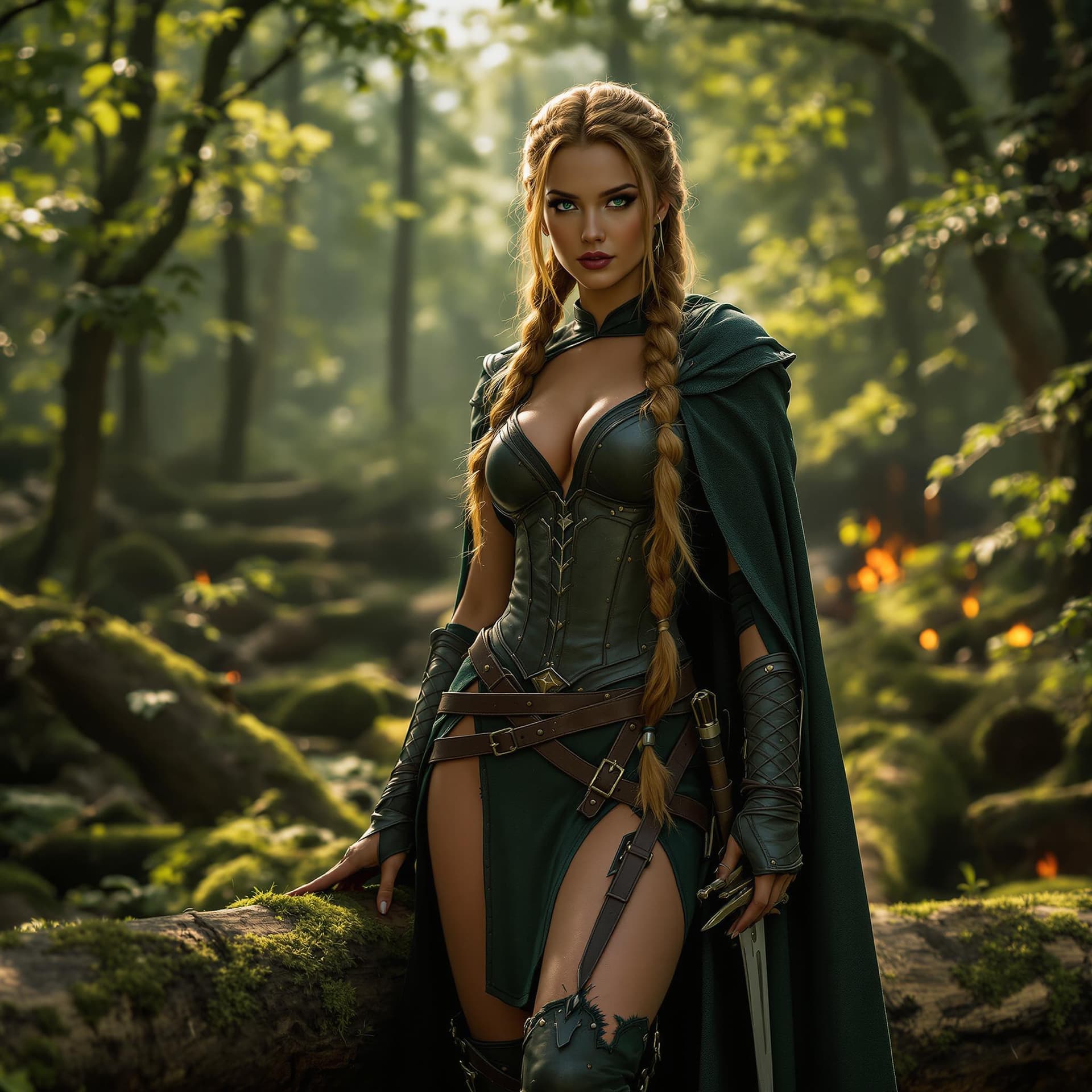 AI generated: Cinematic forest scene featuring a female Robin Hood — a gorgeous outlaw archer standing confidently...