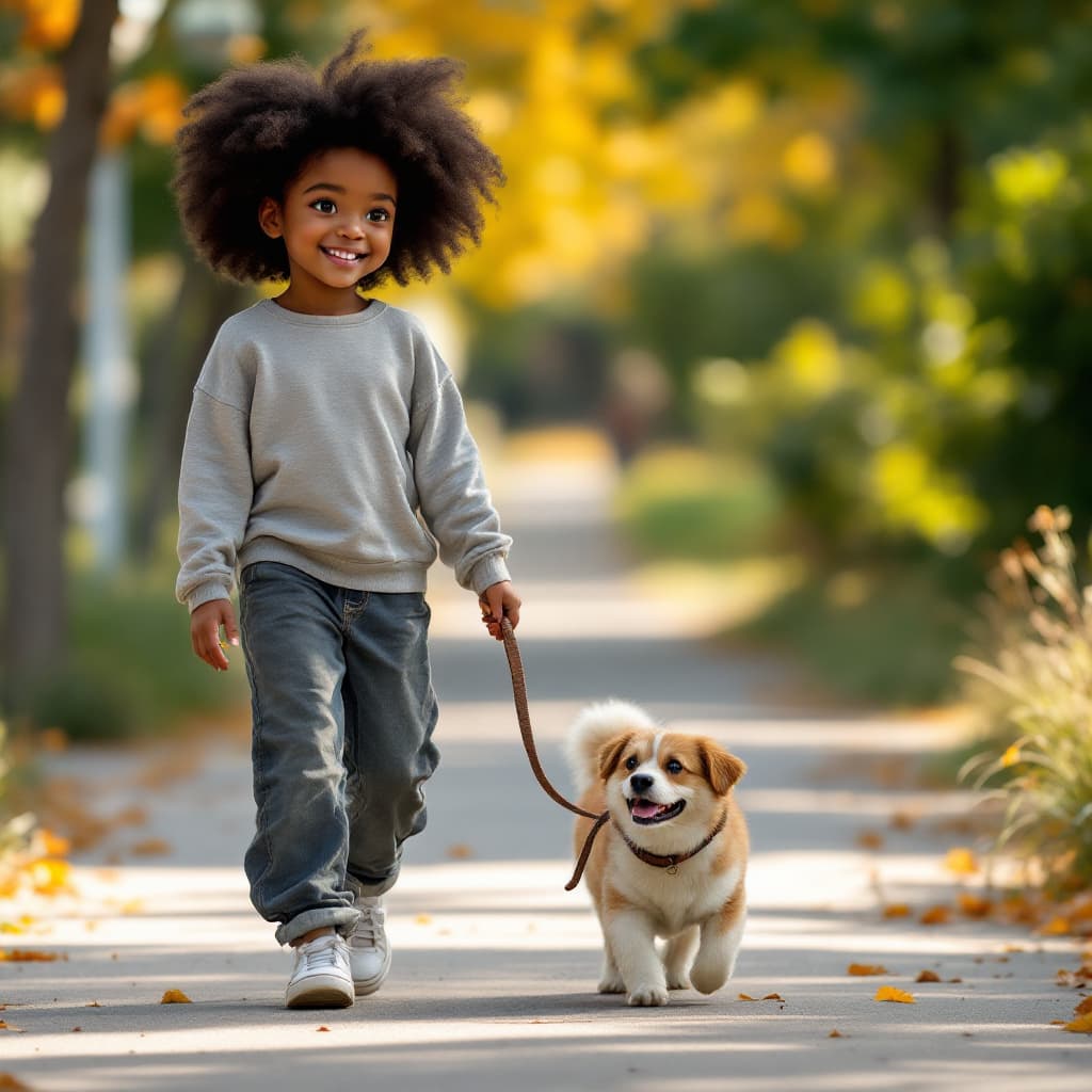 AI generated: A black girl with natural hair walking a dog with the girl having decent clothes on.