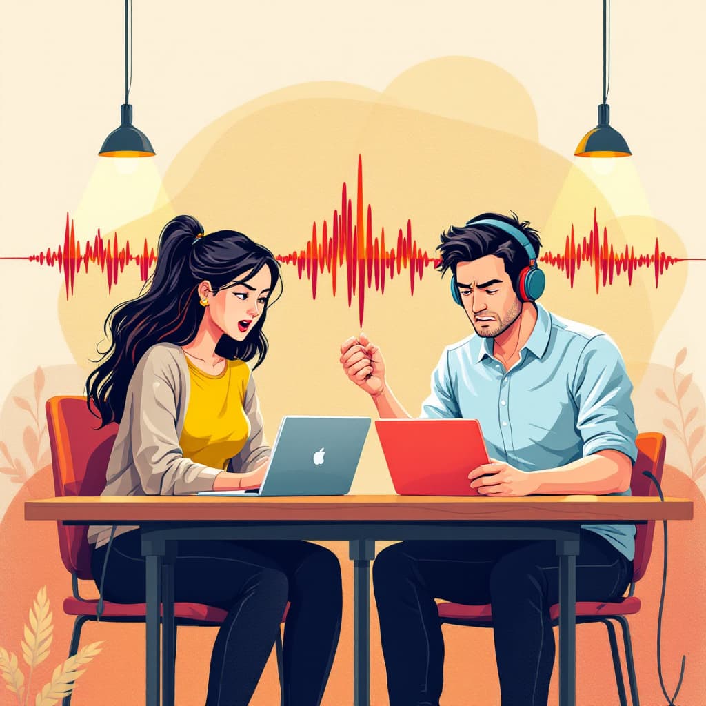 AI generated: A flat illustration of 1 asian women and 1 asian man angry studying about sound waves , with haris s...