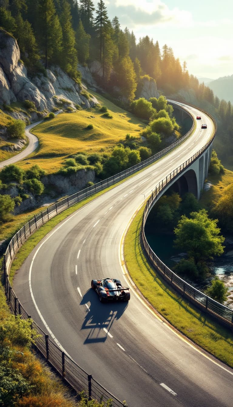 AI generated: Summer. The race track runs across a flat field across a field directly across a bridge. High Convex...