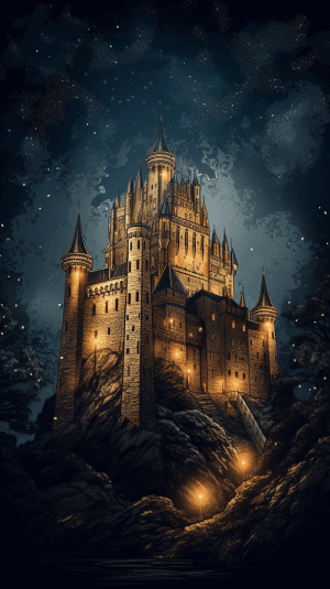 AI generated: A mystical castle, with ancient walls illuminated by mystical lights, in the style of Comic Book Art...