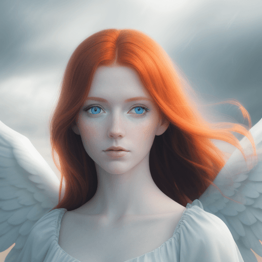 AI generated: A personal portrait of an ethereal and celestial beautiful redheadgirl with blue eyes and angel wing...