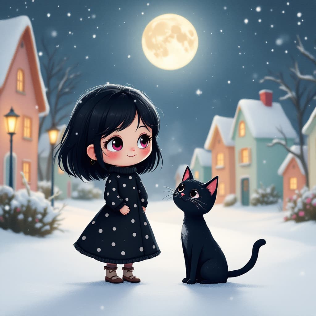 AI generated: A whimsical cartoon girl with black hair and pink eyes, wearing an all-black polka dot dress, stands...