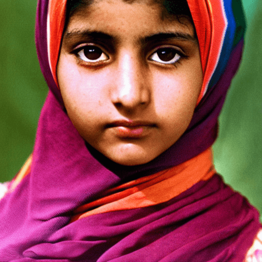 AI generated: a teenage girl of afghani descent with striking rainbow eyes stares at the camera with a deep read h...