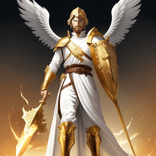 AI generated: A mighty angel with a golden sword in his right hand and a shield in his left hand and his eyes were...