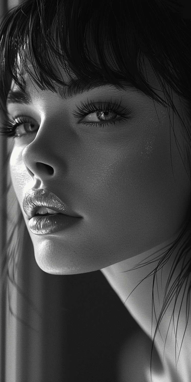 AI generated: Black and white photo of a beautiful woman, a closeup of her face, bangs, long eyelashes, a high nos...