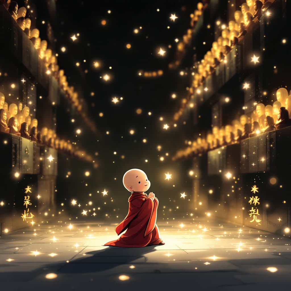 AI generated: A Japanese rendered cartoon of a little Chinese Taoist priest, kind and compassionate, praying for a...