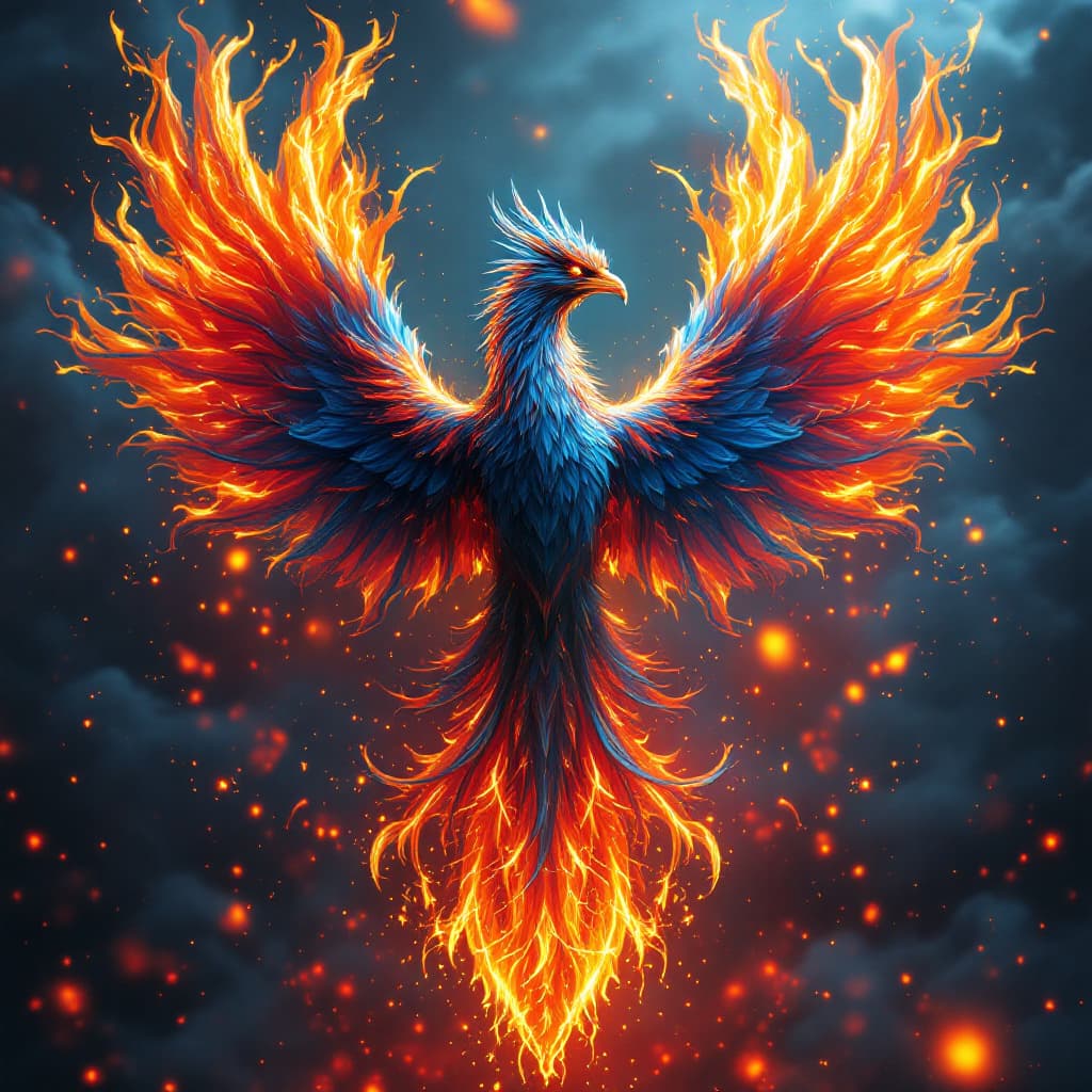 AI generated: an artistic depiction of a mythical phoenix rising from the flames, with vibrant colors and intricat...